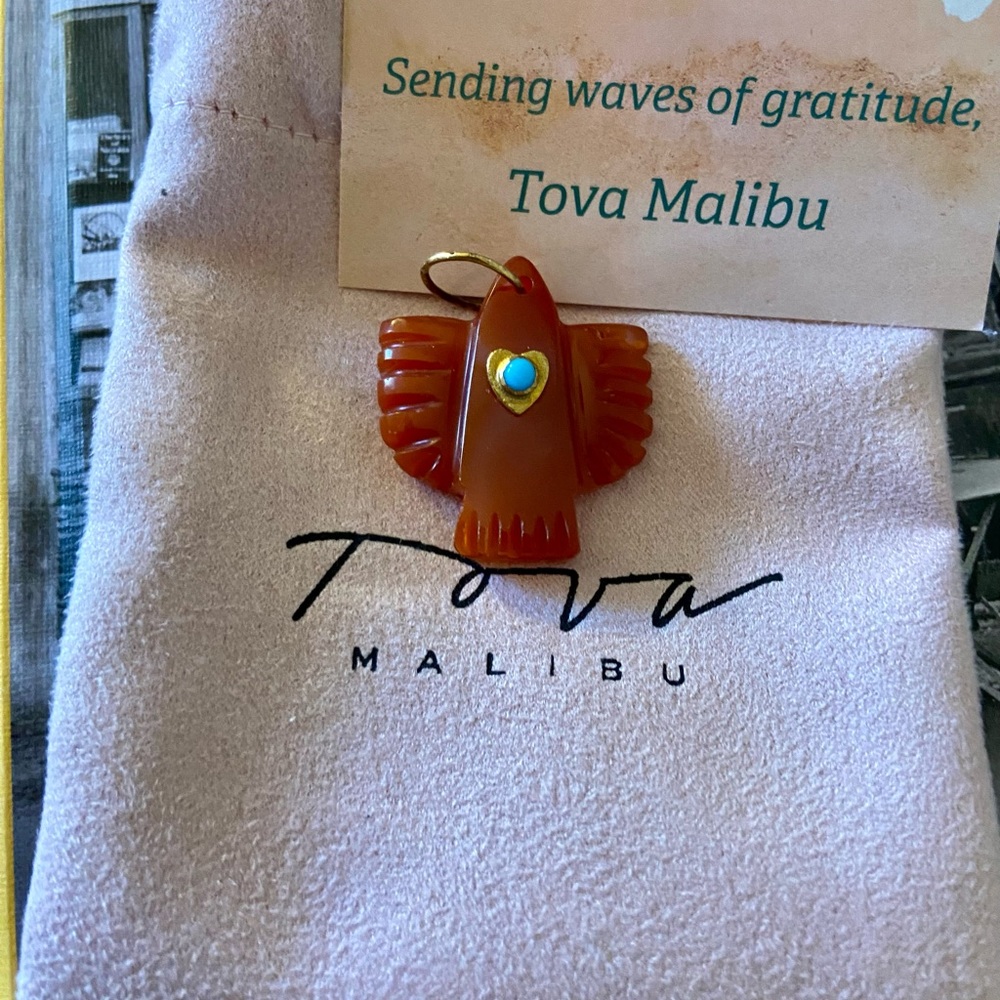 Tova Malibu - Carnelian With Turquoise Heart Bezel Thunderbird Pendant - Picture 8 of 11